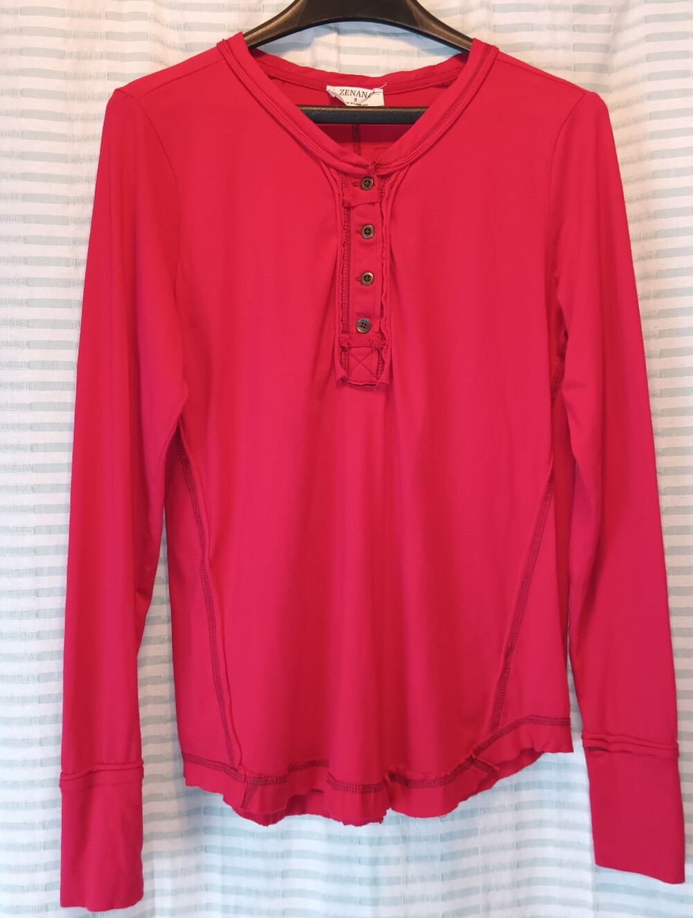 Zenana Outfitters Red Long Sleeve Exposed Seams Henley Thumbholes